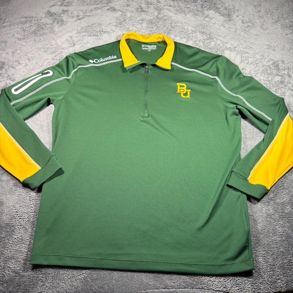 Columbia Golf Baylor Bears Mens Green Yellow Quarter Zip Pullover Large BU Logo